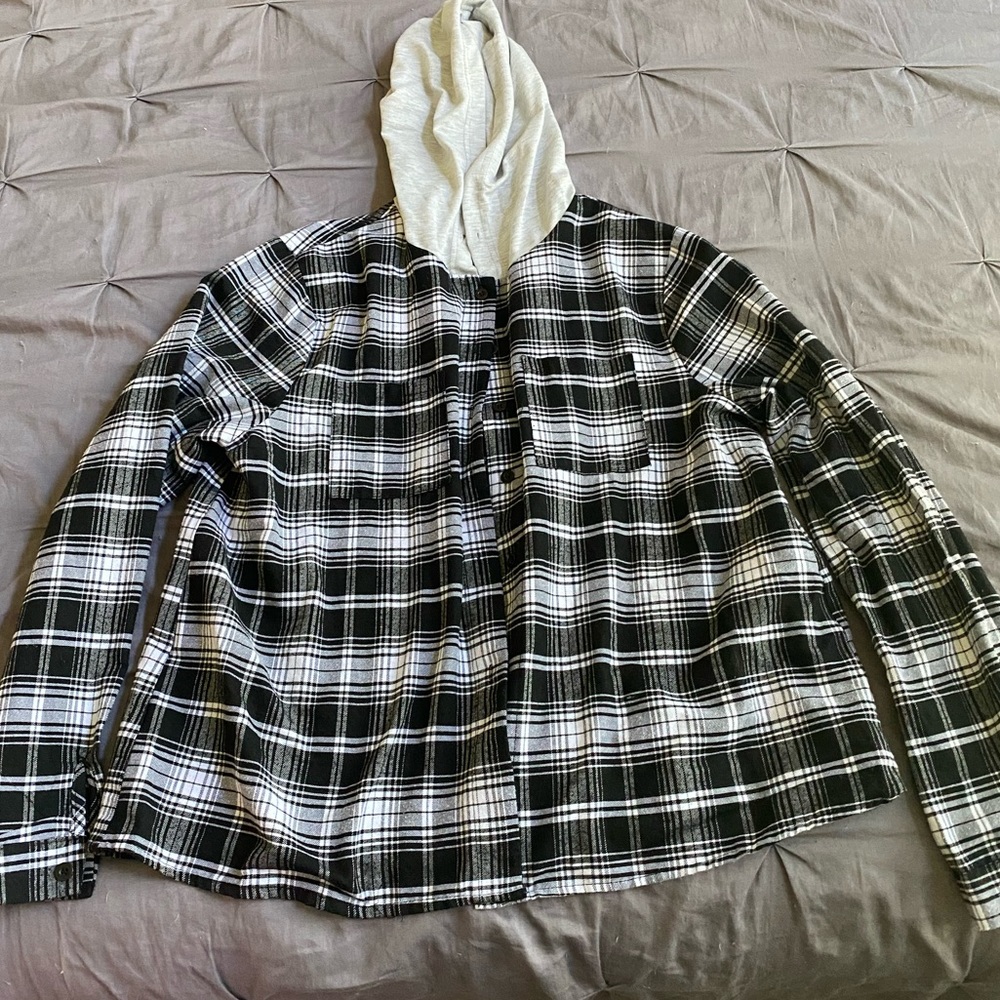 Shein, black and white flannel with grey hoodie